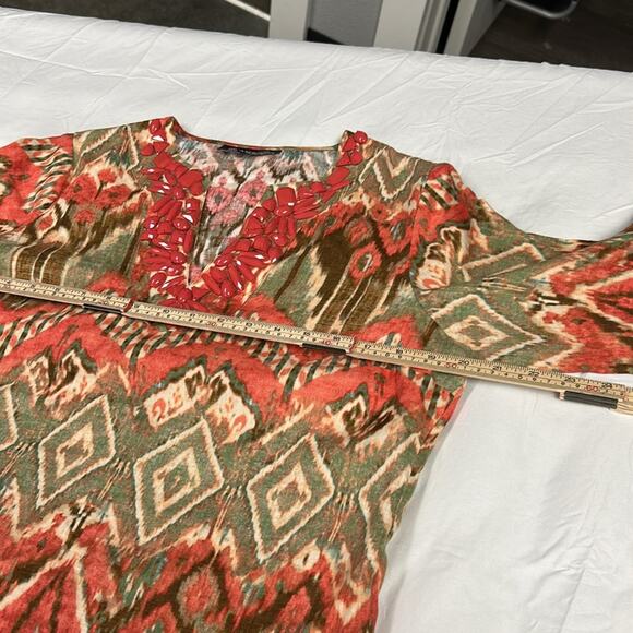 JONES NEW YORK Size Medium 100% Linen Embellished Yoke Tunic Ikat Loden Artsy - Picture 3 of 10